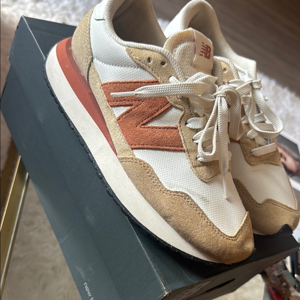 New Balance White and Tan Retro Sneakers